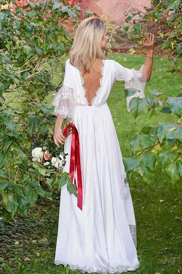 A-Line V-Neck Long Sleeves Satin Wedding Party Dress with Lace (ZD15393)