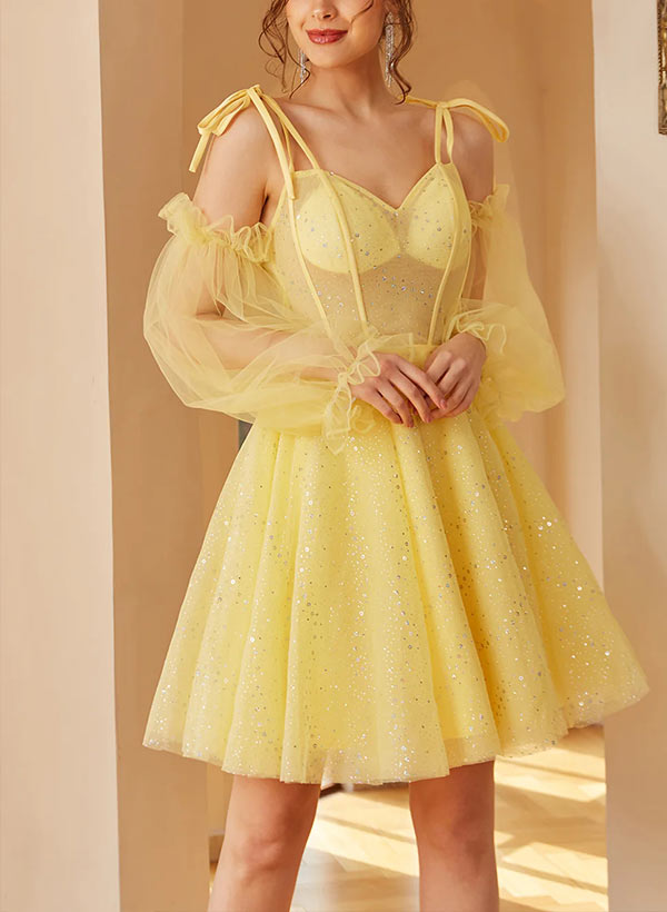 A-Line V-Neck Long Sleeves Short/Mini Tulle Homecoming Dresses