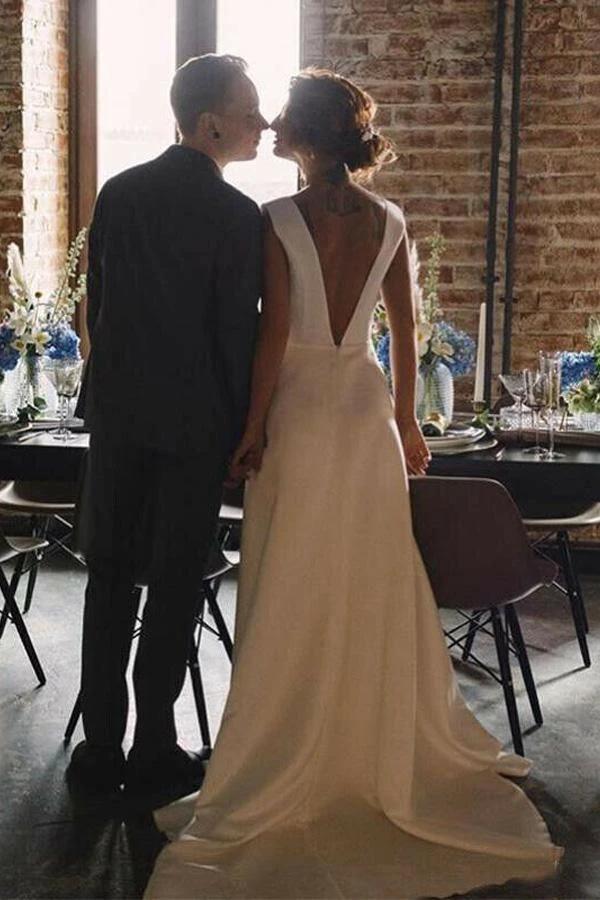 A Line V Neck Open Back Satin Long Wedding Dresses with Pockets (ZD15415)