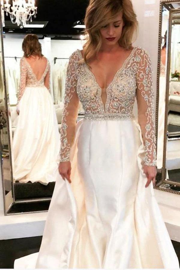 A-line V-neck See Through Bodice Beaded Long Sleeves Wedding Dresses (ZD15310)