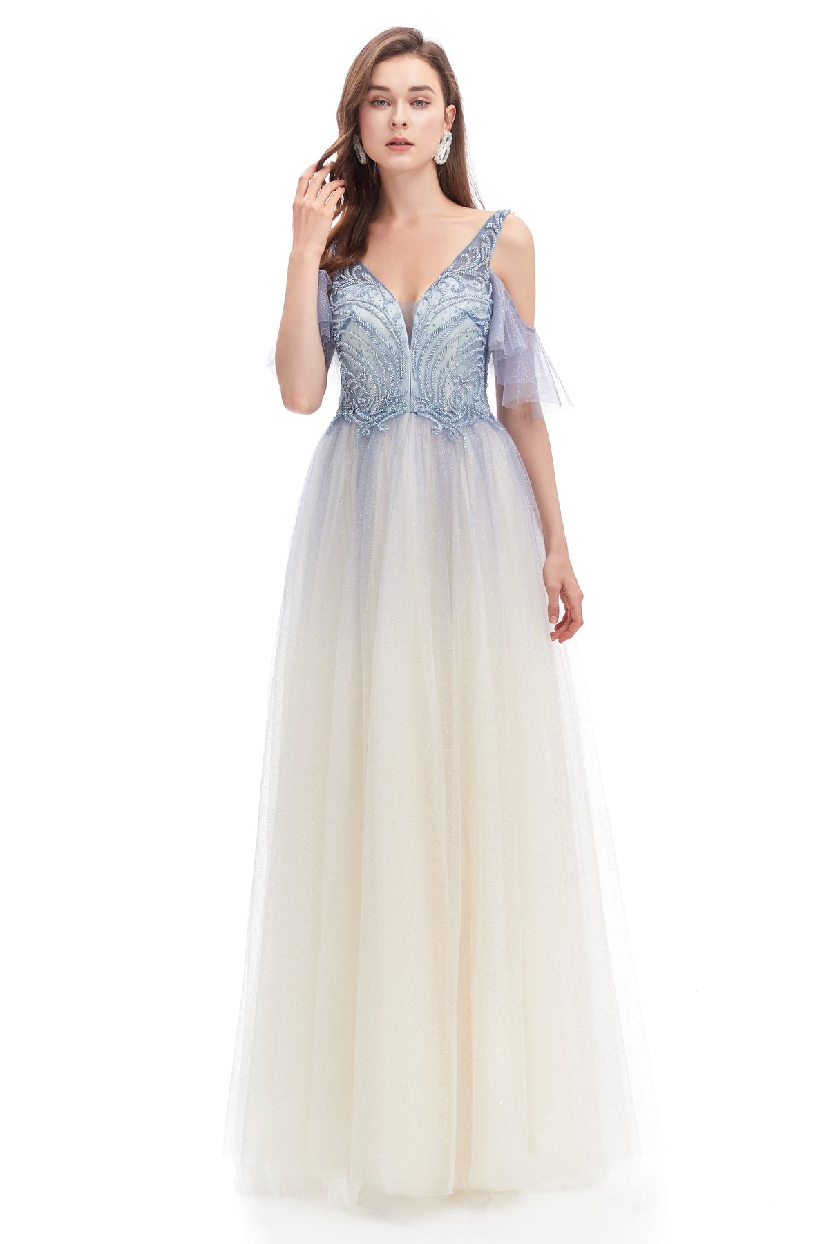 A-Line V-Neck Sequined Floor-Length Off-the-shoulder Beaded Applique Open Back Prom Dress