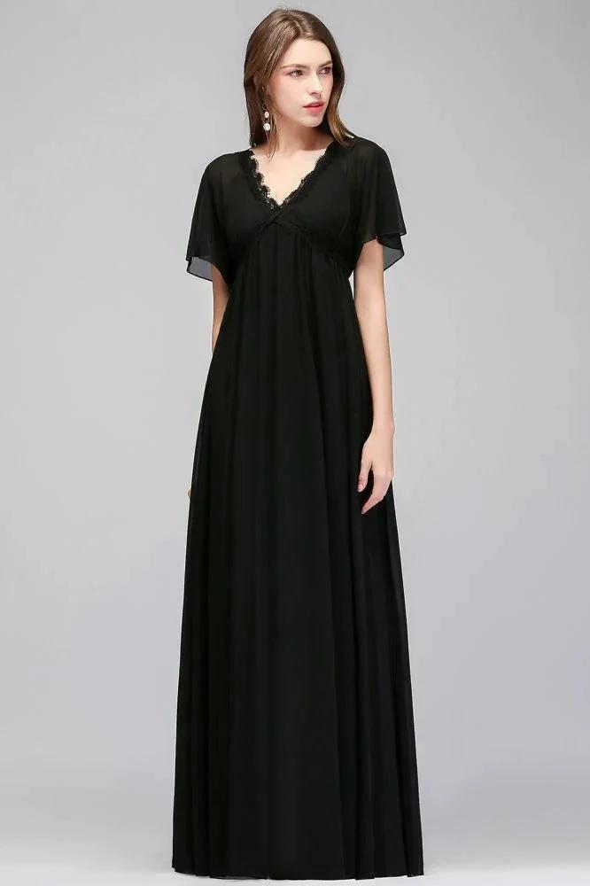 A-line V-neck Short Sleeves Long Black Chiffon Bridesmaid Dress (ZD13042)