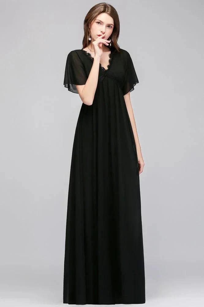 A-line V-neck Short Sleeves Long Black Chiffon Bridesmaid Dress (ZD13042)