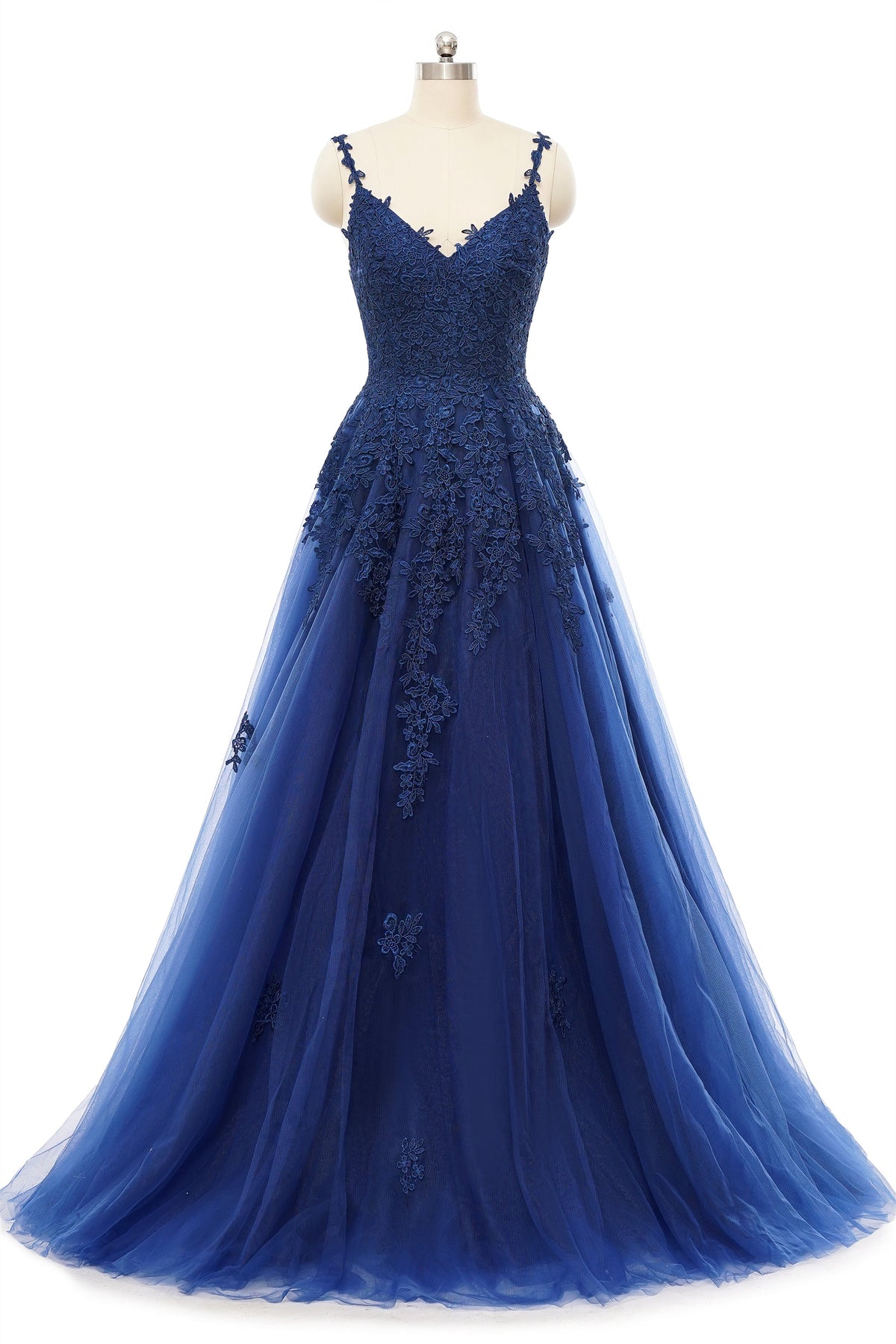 A-Line V-Neck Spaghetti strap Floor-Length Sleeveless Backless Appliques Lace Elegant Prom Dress