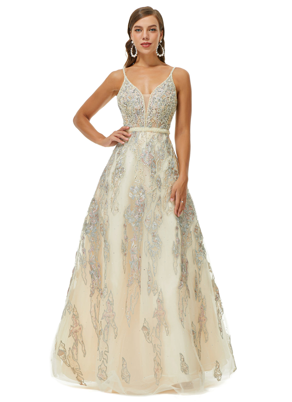 A-Line V-Neck Spaghetti strap Lace Floor-Length Sleeveless Beading Prom Dress