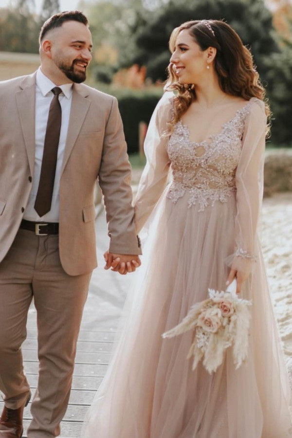 A-Line V-Neck Spaghetti strap Lace Sequined Floor-Length Long Sleeve Applique With Side Train Wedding Dress