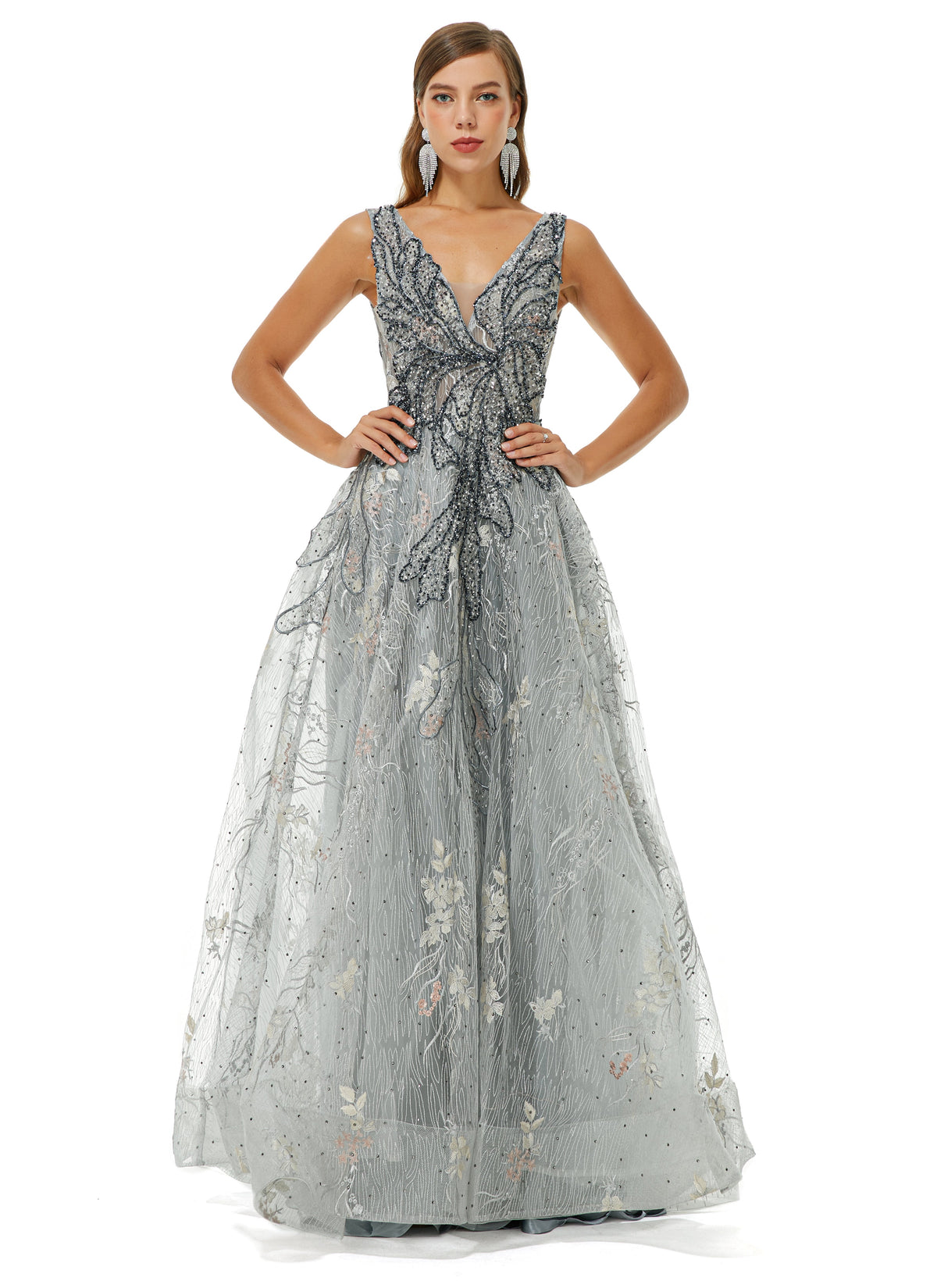 A-Line V-Neck Strap Lace Sequined Beaded Open Back Floor-Length Prom Dress