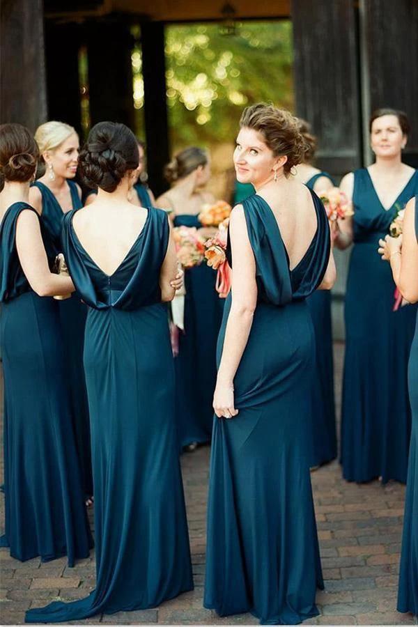 A-Line V-Neck Sweep Train Backless Navy Blue Bridesmaid Dress BD081 by pgmdress