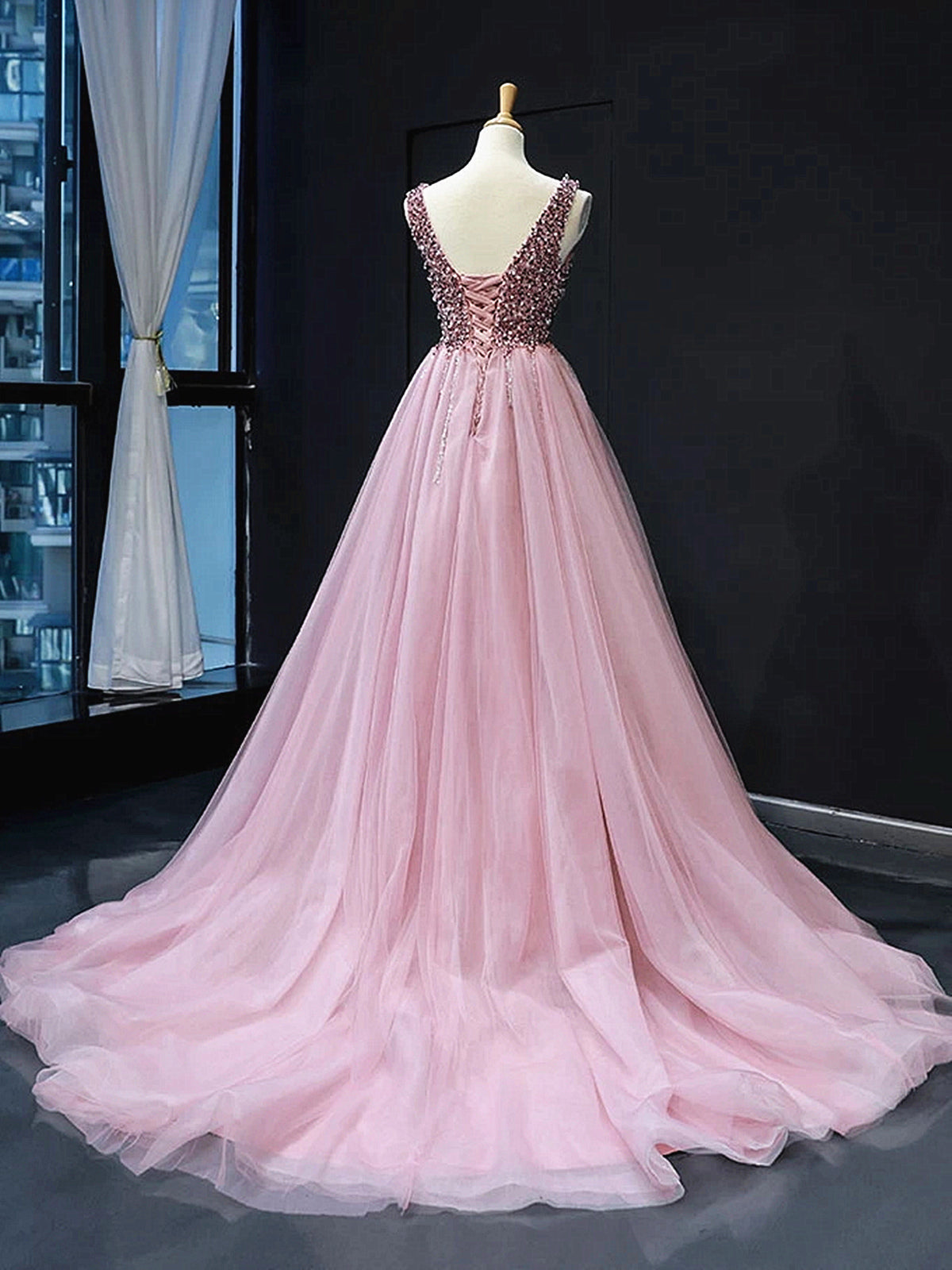 A Line V Neck Tulle Beading Long Formal Prom Dresses with Corset Back - View 2 | VelvetHem