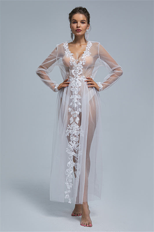 A-Line V-Neck Tulle Floor-Length Long Sleeve Appliques Lace Wedding Dress Cover