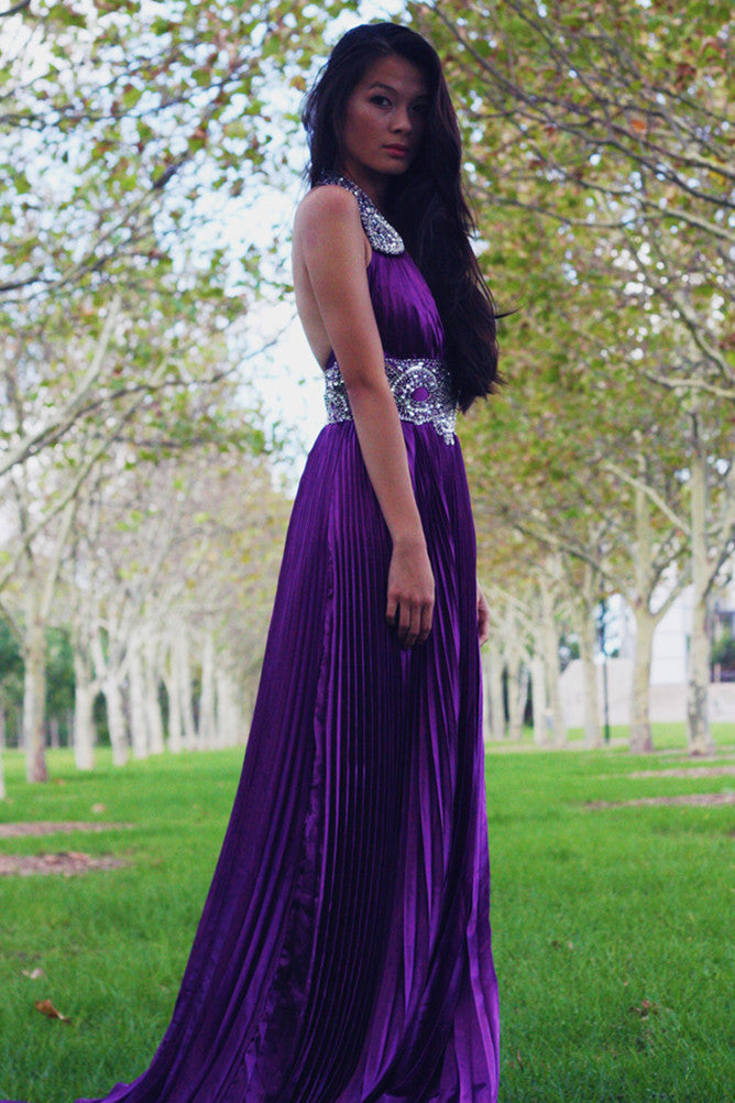 A-Line V-Neck Wide Staps Floor-Length Backless Beading Chiffon Evening Dress