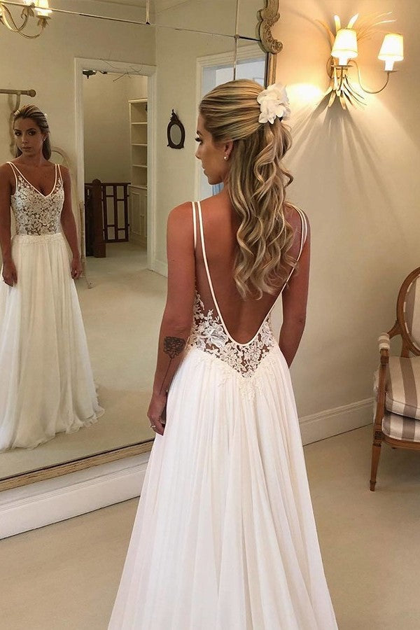 A-Line V-Neck Wide Strap Floor-Length Backless Applique Wedding Dress