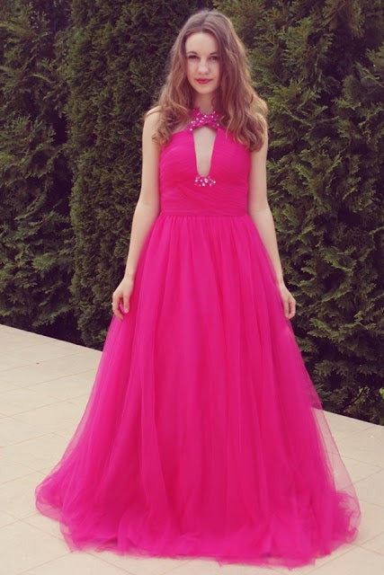 A-Line V-Neck Wide Strap Floor-Length Tulle Beaded Rhinestone Prom Dress