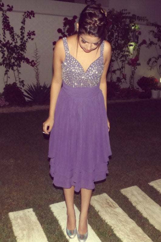 A-Line V-Neck Wide Strap Tea-Length Tulle Rhinestone Homecoming Dress