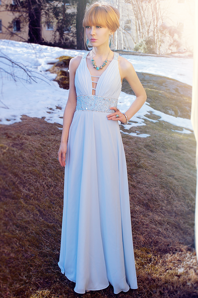 A-Line V-Neck Wide Straps Floor-Length Chiffon Backless Rhinestone Evening Dress