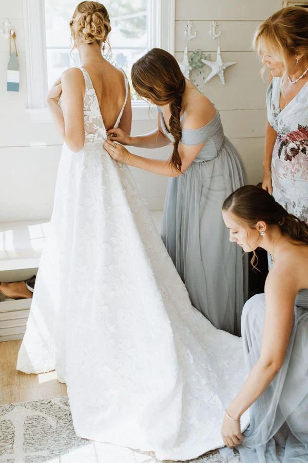 A Line V Neckline Floral Lace  Illustion Back Court Train Wedding Dress (ZD15291)