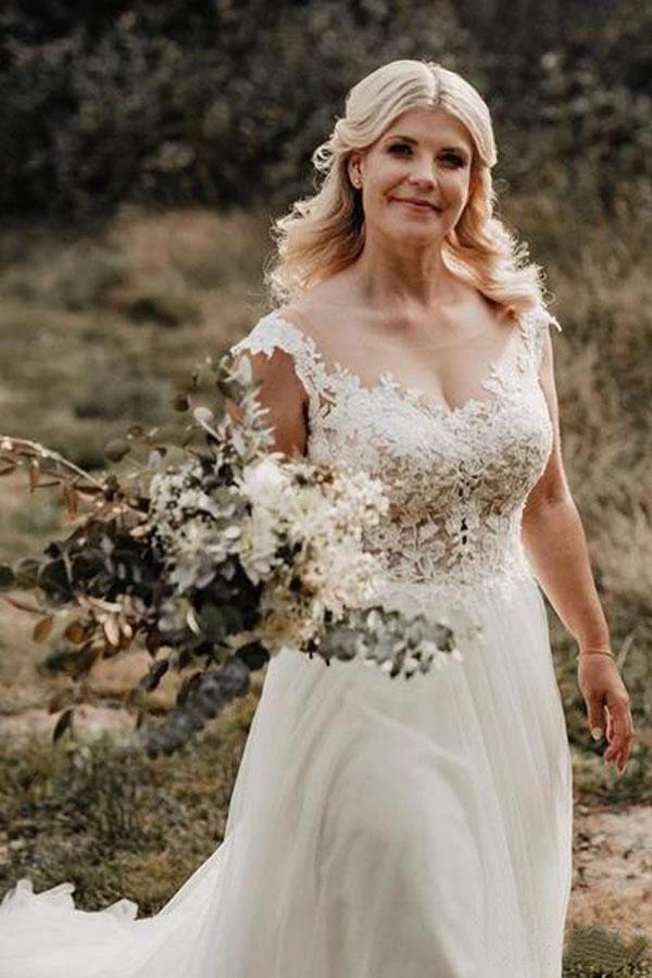 A-Line Wedding Gown with Illusion Neck With Back Lace Appliqued (ZD15318)