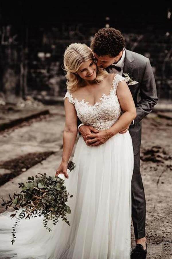A-Line Wedding Gown with Illusion Neck With Back Lace Appliqued (ZD15318)