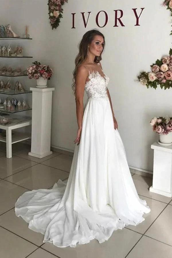 A-Line White Chiffon Appliques See Through Boho Wedding Dress (ZD15377)