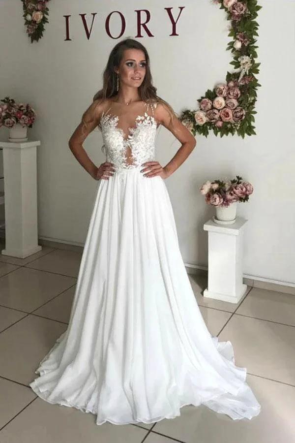 A-Line White Chiffon Appliques See Through Boho Wedding Dress (ZD15377)