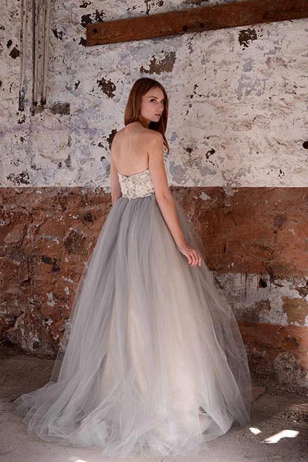 A-line White Lace  Grey Tulle Strapless Sweetheart Neck Wedding Dress (ZD16353)