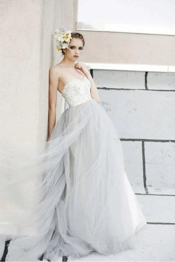 A-line White Lace  Grey Tulle Strapless Sweetheart Neck Wedding Dress (ZD16353)