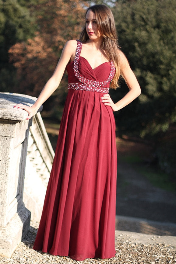 A-Line Wide Strap V-Neck Floor-Length Chiffon Rhinestone Prom Dress