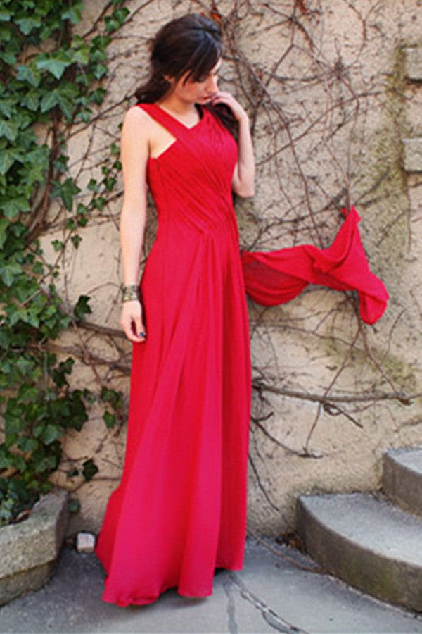 A-Line Wide Straps Irregular Neck Floor-Length Chiffon Evening Dress
