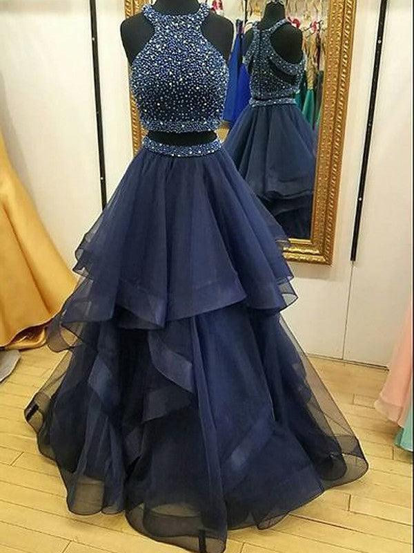 A-Line/Elegant Sleeveless Halter Tulle Beading Floor-Length Two Piece Prom Dresses - VelvetHem
