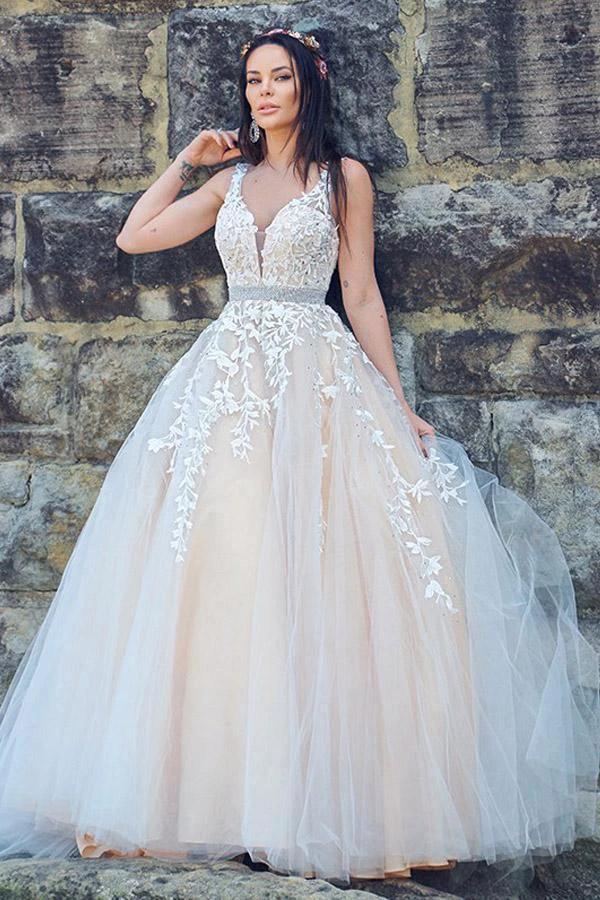 A-Line/Princess Applique Tulle Sleeveless V-neck Sweep Train Dresses (ZD16255)
