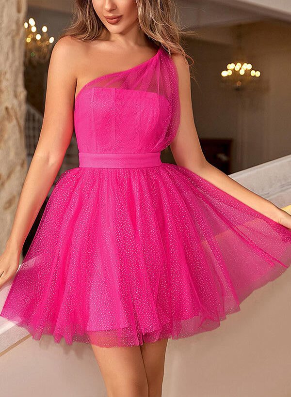 A-Line/Princess One-Shoulder Tulle Sleeveless Short/Mini Homecoming Dresses With Pleated