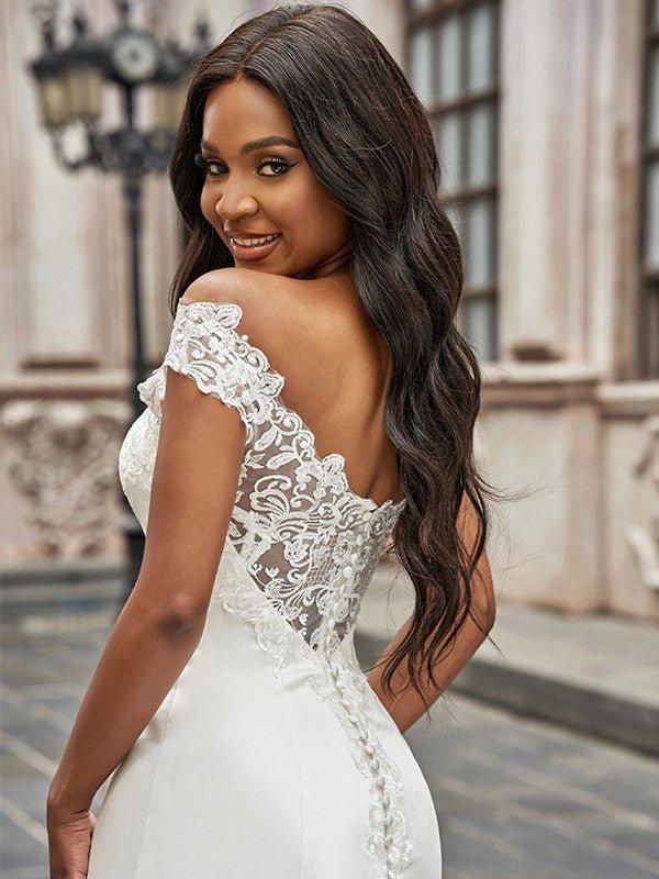 A-Line/Princess Scoop Satin Lace Sleeveless Chapel Train Wedding Dresses - View 4 | VelvetHem