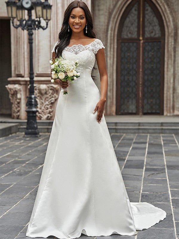 A-Line/Princess Scoop Satin Lace Sleeveless Chapel Train Wedding Dresses - VelvetHem