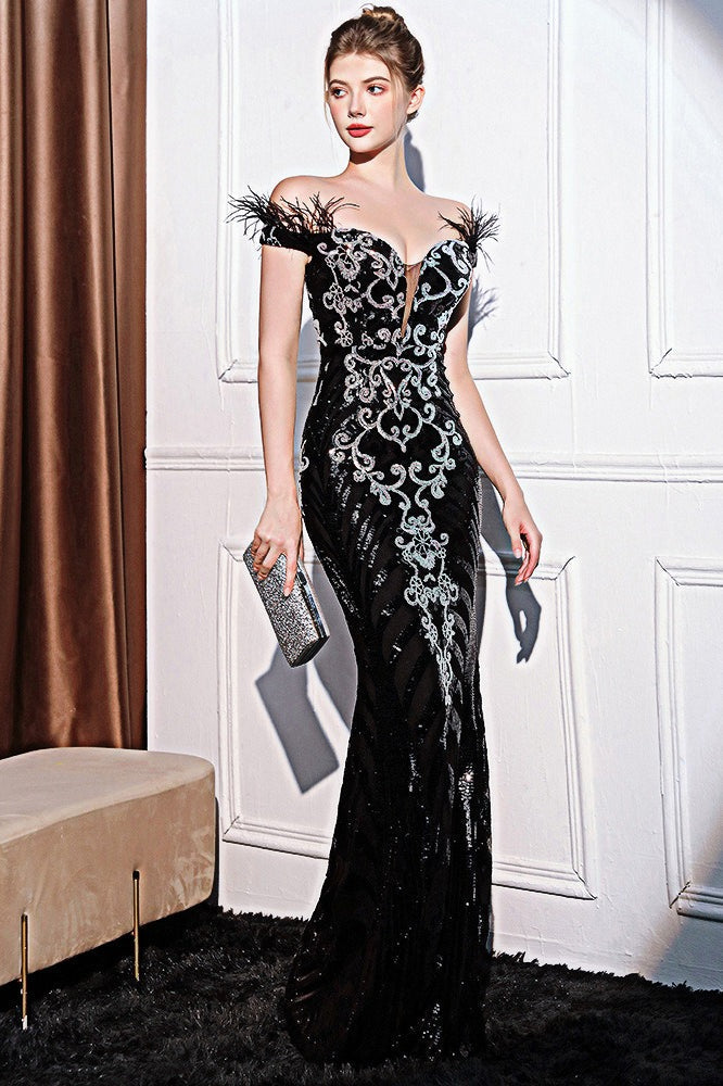 Elegant Off-Shoulder Slim Maxi Sequin Dress - VelvetHem