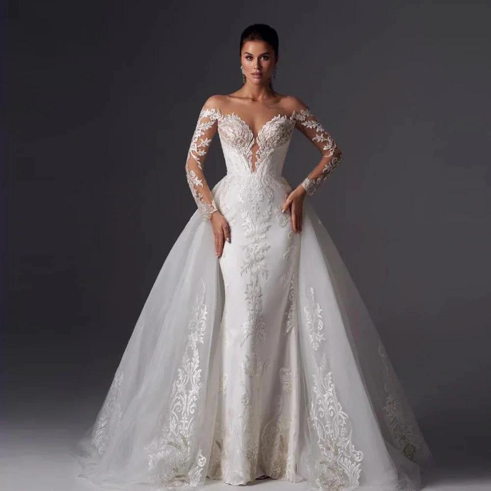 Loverxu Mermaid Vintage Wedding Dresses 2023 Sweetheart Long Sleeve Vestido De Novia Appliques Detachable Train Robe De Mariee (ZD13371)