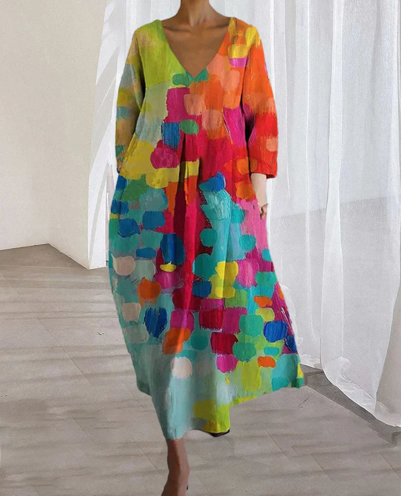 Luciana Exclusive Colorful Printed V Neck Dress Chic Silhouette Collection