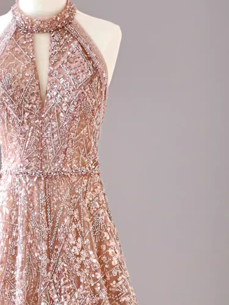 A Line High Neckline Sequin Long Evening Dress Beads Prom Dress