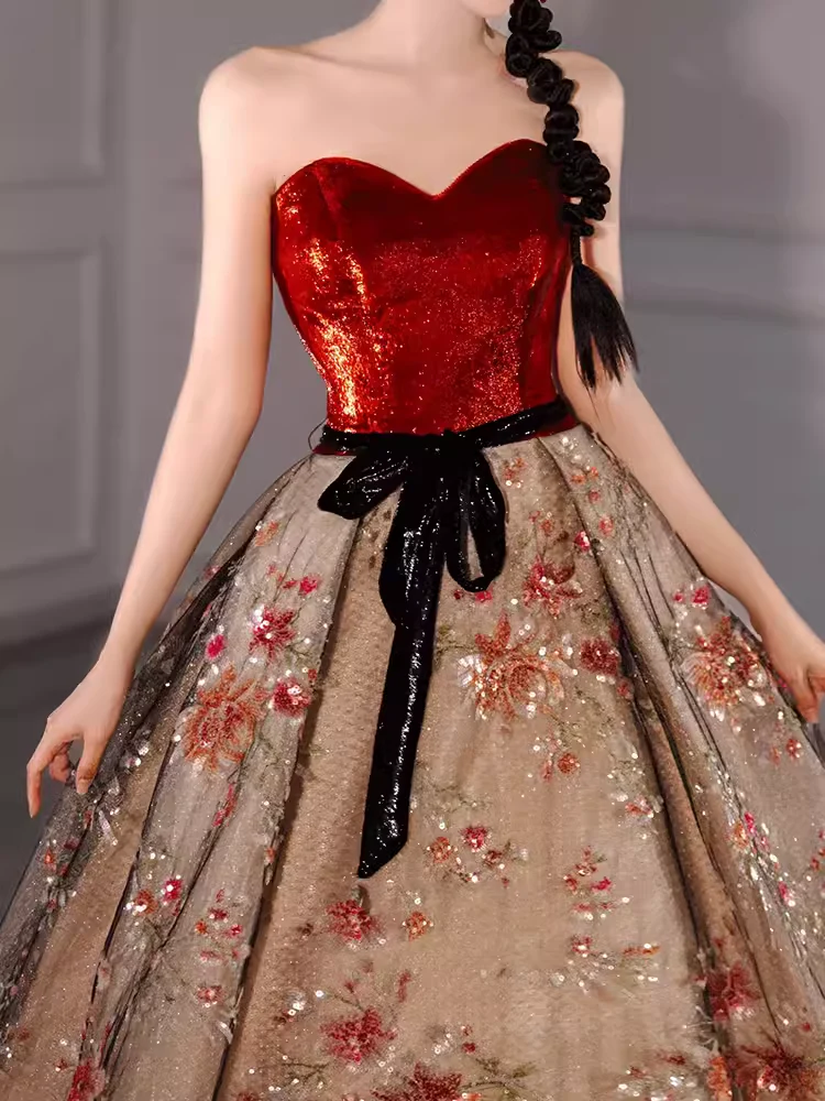 Ball Gown Strapless Burgundy Sequin Long Evening & Prom Dress - View 4 | FashionDia