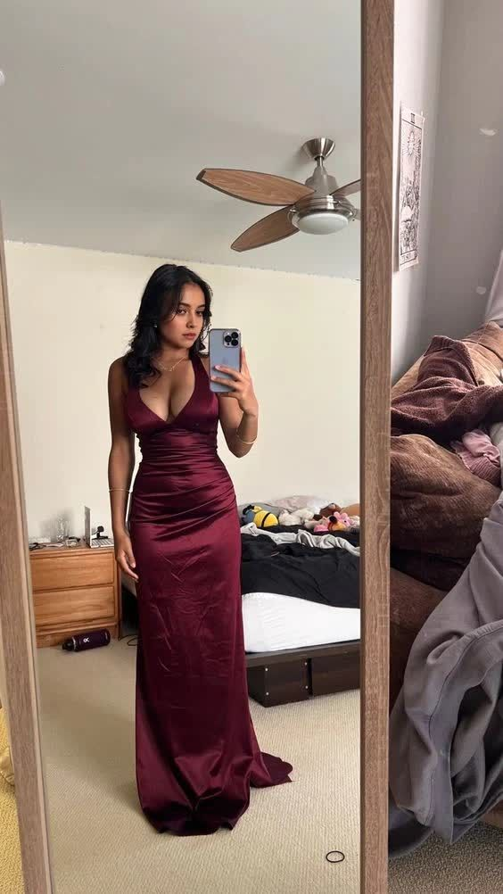 Sexy Burgundy Backless Evening Dress Long Prom Dress