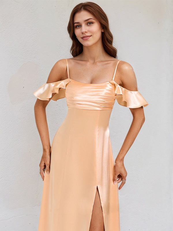 Coral Satin A Line Spaghetti Straps Sleeveless Floor Length Bridesmaid Dress With Ruffles