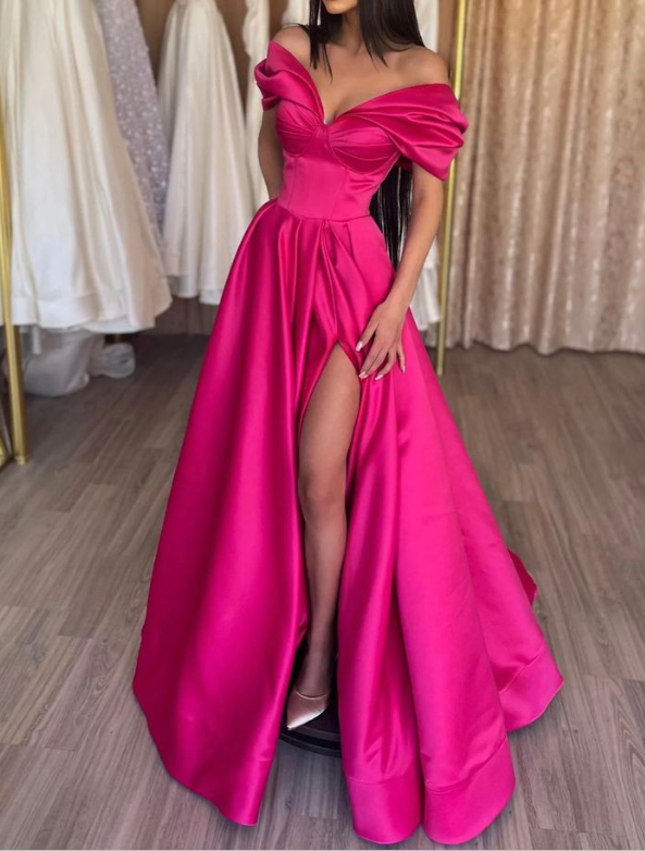 Chic Pleated Off Shoulder Slit Evening Dress Hot Pink A Line Party Prom Dress