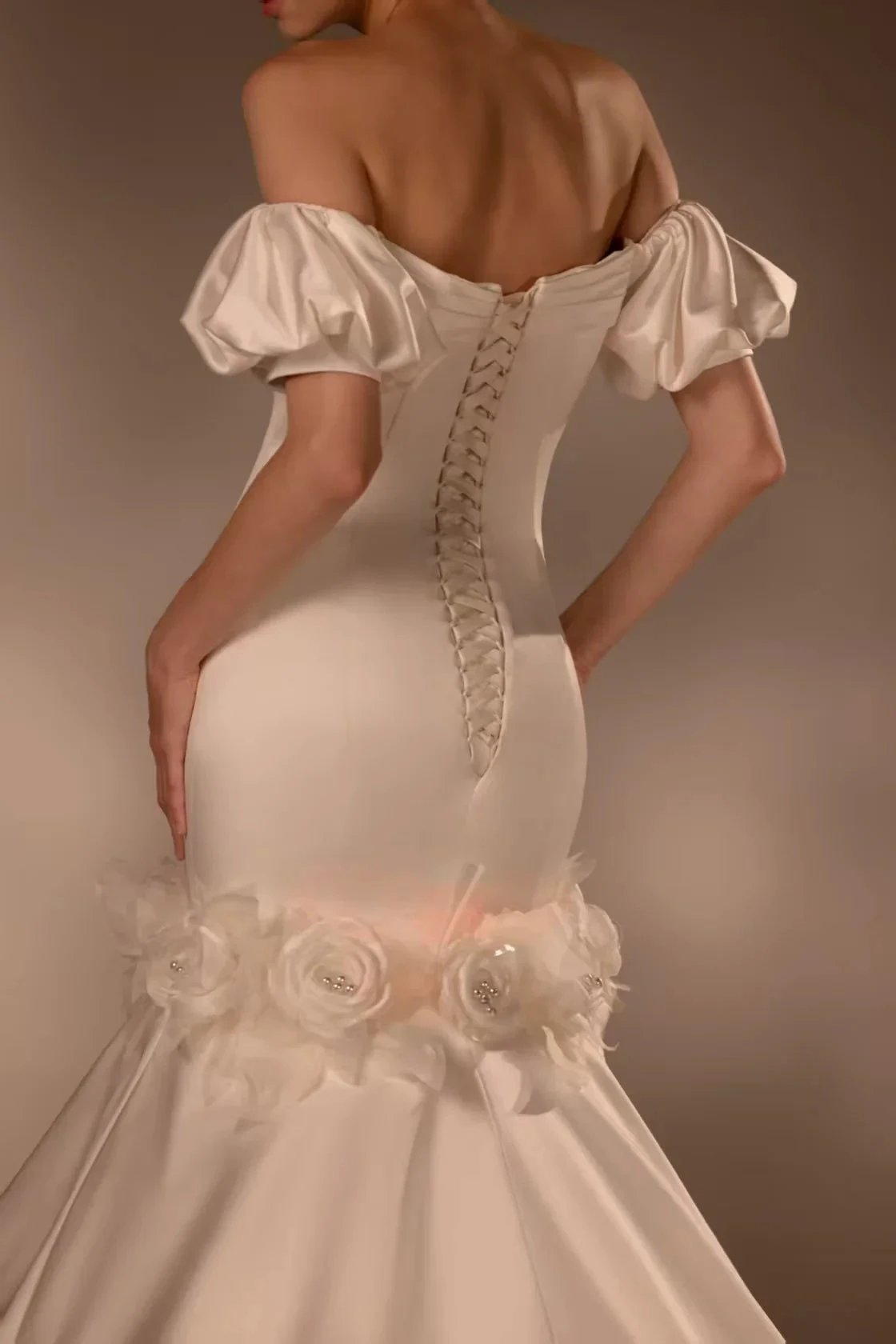 Gorgeous Long Mermaid Off-the-Shoulder Puff Sleeve Satin Wedding Dress with 3D Flower & Lace-Up Back & Tulle Train (ZD16908)