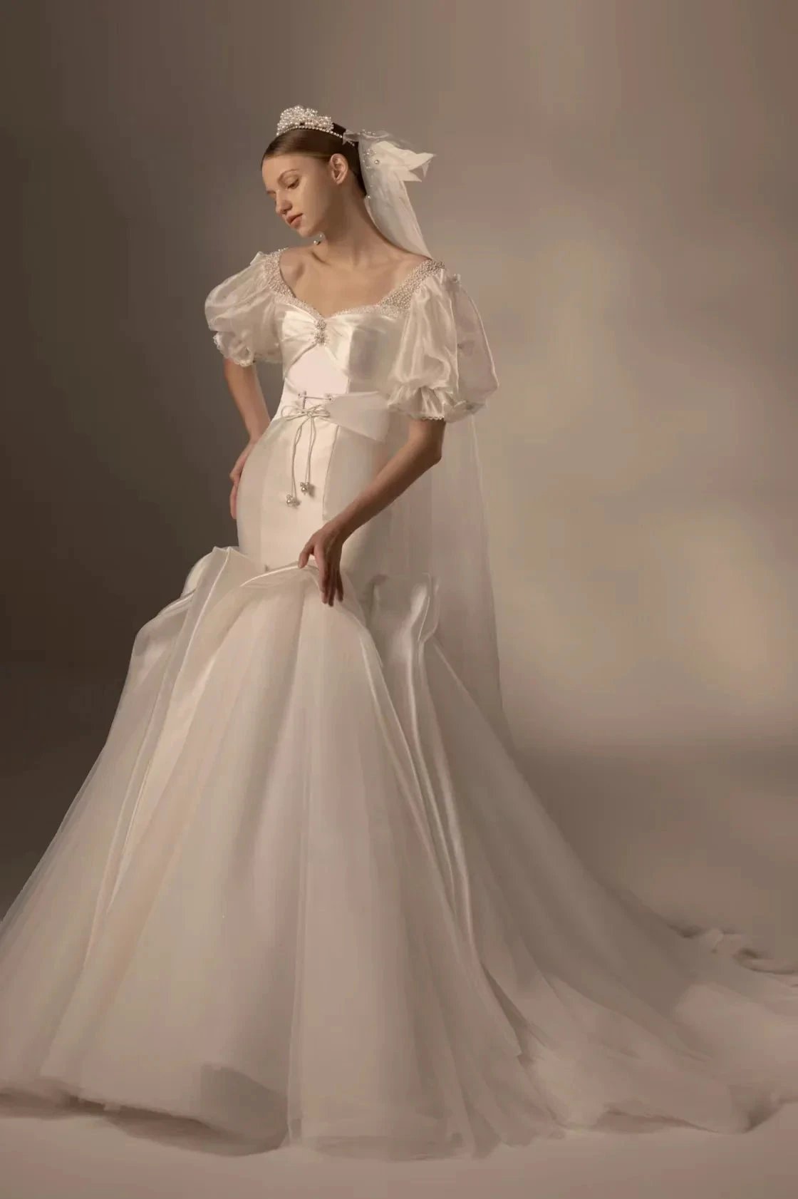 Elegant Mermaid Square Neck Organza Puff Sleeve Satin Wedding Dress with Crystal Trim & Lace-Up Back Q6019 by ZAPDRESS