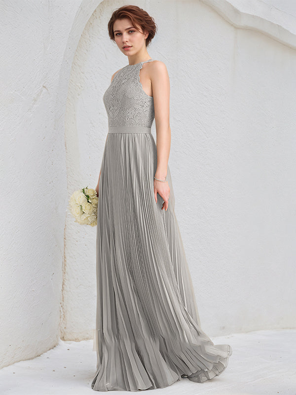 Silver A-Line Scoop Floor-Length Lace Chiffon Dresses With Pleated