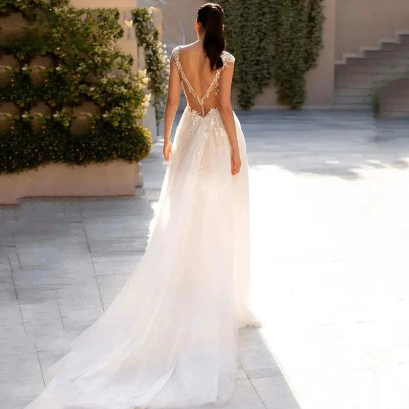 Sexy Deep V-Neck Wedding Dresses Cap Sleeve Backless Bride Gowns Elegant Tulle Lace Appliques A-Line Vestidos De Novia (ZD13544)