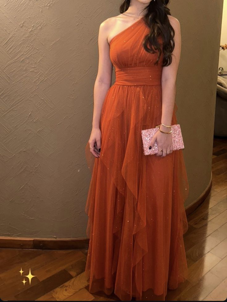 Sparkly One Shoulder Tulle Party Dress Orange A Line Prom Evening Dress