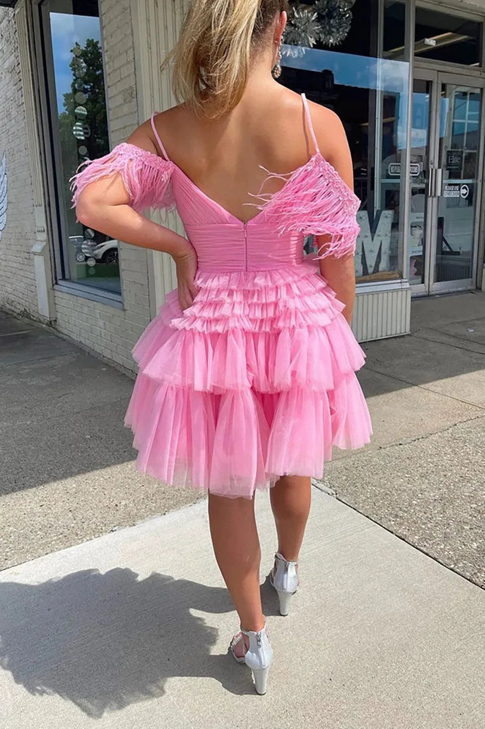 Cute Pink A Line Feather Tulle Homecoming Dresses (ZD11447)