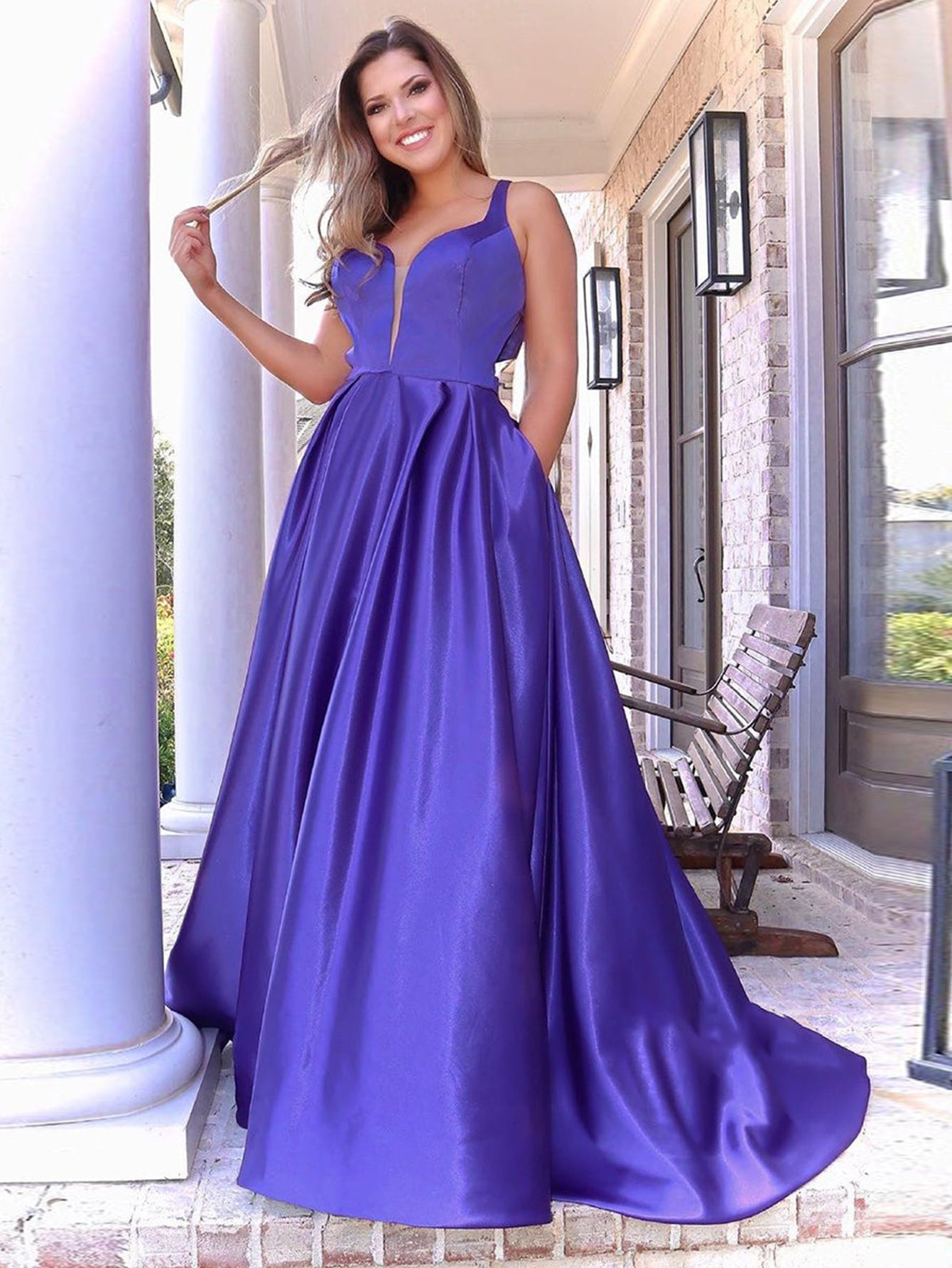 A Line V Neck Long Purple Prom Dress - Fashionpara