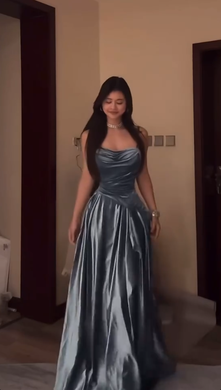 Spaghetti Straps A-Line Blue Long Prom Dress Satin Evening Dress