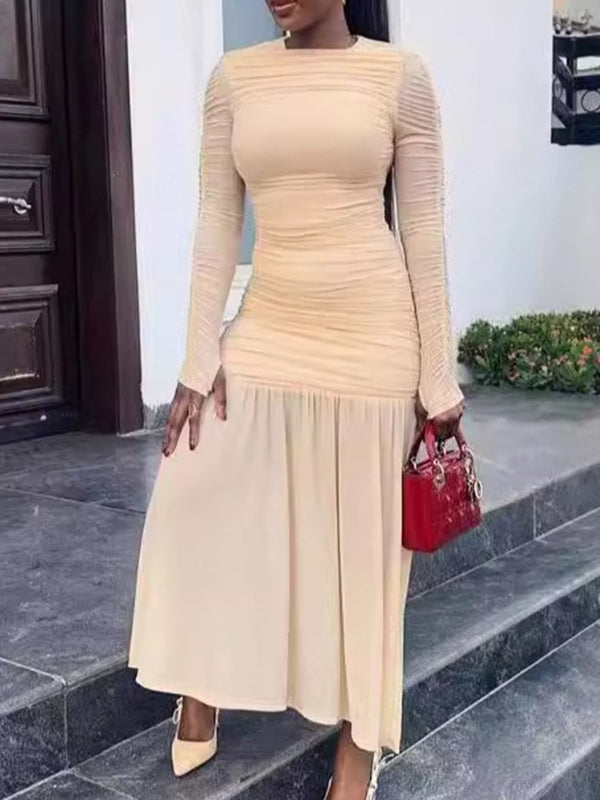 Long Sleeves Skinny Pleated See-Through Solid Color Split-Joint Round-Neck Evening Dresses Maxi Dresses - View 4 | VelvetHem